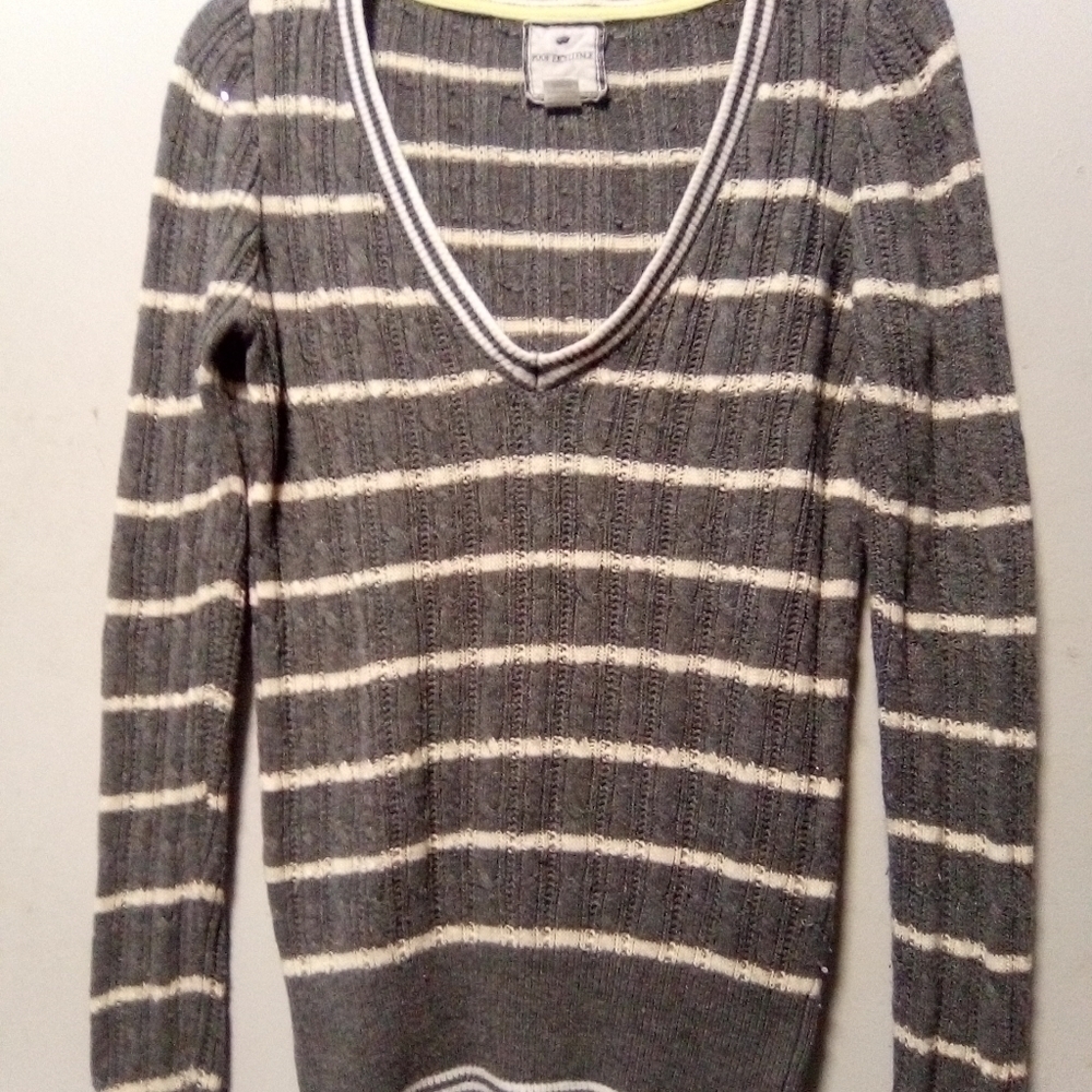 Poof excellence gray and white striped sweater. Size large.
